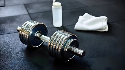 Metal dumbbells resting on gym floor with fitness gear blurred in background.
