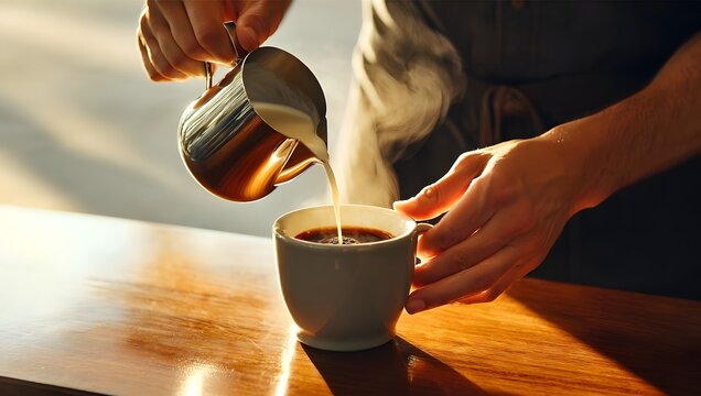 Hands-only close-up of barista making coffee with steamed milk in café environment. - Powered by Adobe