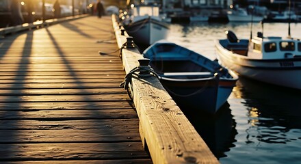 Wooden pier with boats at sunset, tranquil harbor scene.