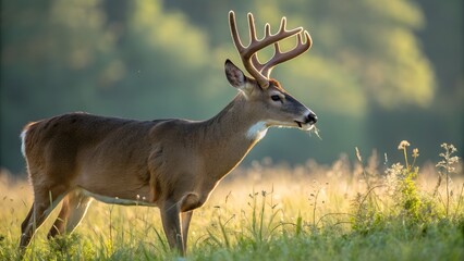 White-Tailed Deer Buck in Sunlit Meadow

