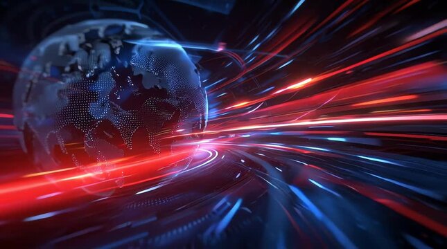 Breaking news concept with a globe surrounded by dynamic red and blue streaks of light, suitable for themes of global connectivity and rapid data transfer in a dark background with a