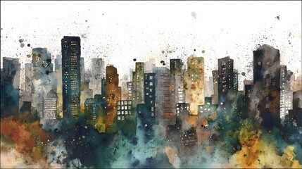 A dynamic and visually striking cityscape featuring a dense urban skyline with towering modern skyscrapers set against a colorful textured abstract background with splattered paint effects and a hazy