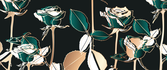 Luxurious gold and dark green roses abstract line art background vector.