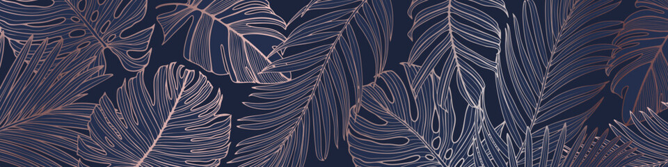 Palm leaves, rose gold marble template, artistic covers design, modern tropical backgrounds. Luxury vector illustration