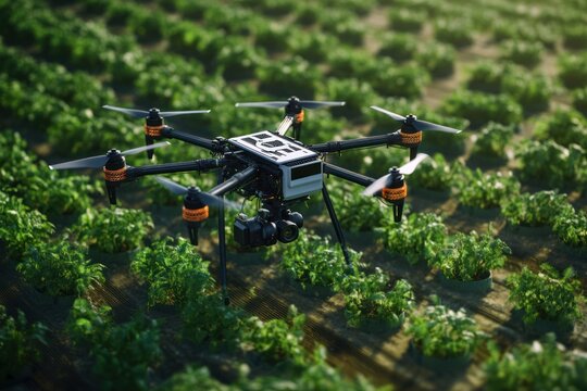 A large drone is flying over a field of green crops, capturing images of the landscape.