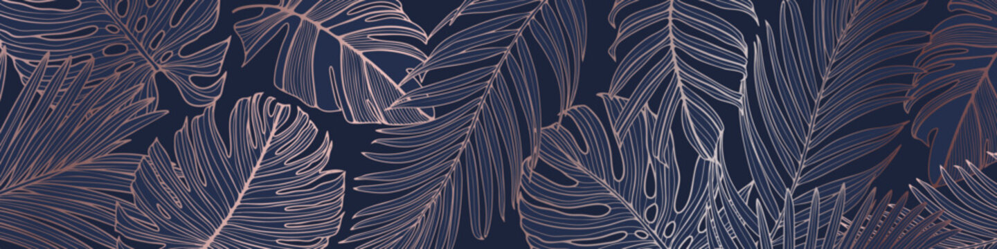 Palm leaves, rose gold marble template, artistic covers design, modern tropical backgrounds. Luxury vector illustration