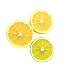 Fototapeta premium Overhead shot of three citrus fruit slices, including lemon and lime
