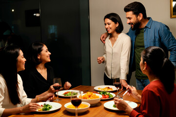 Group of young adult multiethnic friends gathering around dining table, smiling and talking while eating dinner together, two standing and three sitting, sharing meal and conversation