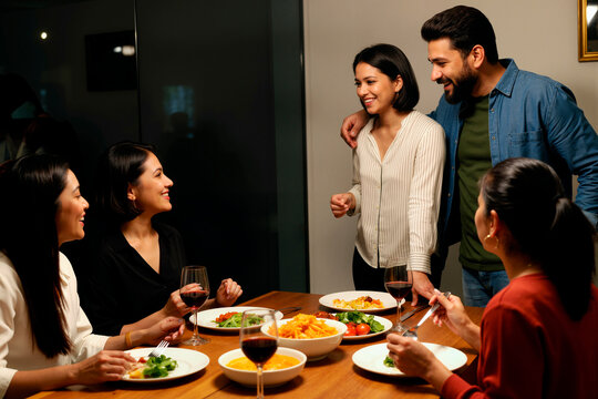 Group of young adult multiethnic friends gathering around dining table, smiling and talking while eating dinner together, two standing and three sitting, sharing meal and conversation
