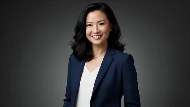 A cheerful and confident young adult woman of Asian descent stands against a neutral grey background, exuding professionalism and approachability. Dressed in a sharp navy blue business suit jacket ove