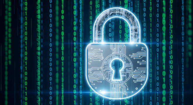 Digital padlock icon glowing on a background of green binary code, symbolizing data security and online protection for digital information