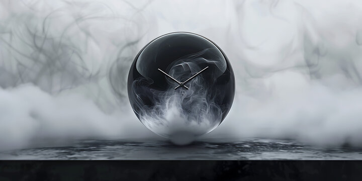 Mysterious dark sphere with clock hands and swirling smoke on a dark surface