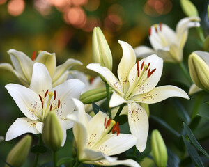 Lilium. white lily field. beautiful lily flower, close-up. delicate white lilies in the garden, in the flowerbed. floral background. blurred natural background. summer garden, flowering season