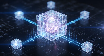 Futuristic digital network architecture visualizing secure data transfer and decentralized processing across interconnected computing nodes with glowing abstract elements
