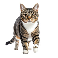 Fototapeta premium Tabby cat walking forward on a black background. Brown and white markings