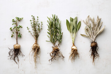 Fresh assortment of culinary herb plants with roots exposed arranged in a clean row on a white rustic background