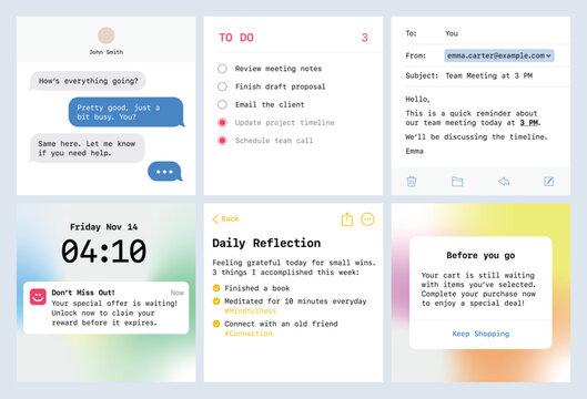 Editable mobile screen UI templates for reminders, notes, chats, emails, and alerts. Aesthetic social media posts with realistic screenshot designs, clean layouts, and modern UI styles.