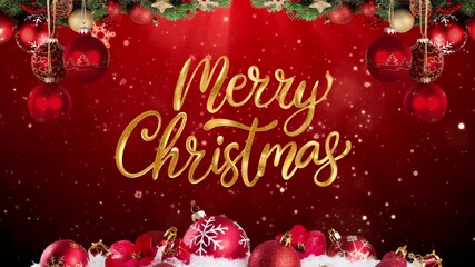 Animation of merry christmas text banner over christmas tree and snowflakes icons on red background. Christmas festivity and celebration concept