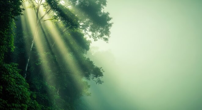 Sunbeams filtering through foliage in a serene foggy forest landscape
