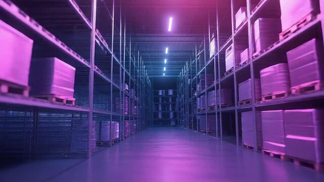 Modern distribution warehouse featuring glowing neon lights - Powered by Adobe
