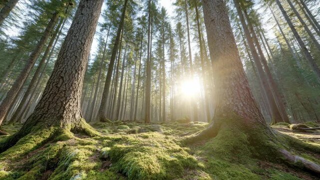 Sunlight shining through tall pine trees on moss forest floor