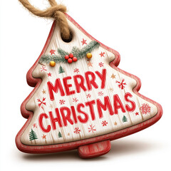 Wooden Christmas tree toy with inscription on white background, Merry Christmas. Christmas tree ornament with merry christmas text, festive rustic holiday decoration.