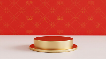 A technically perfect print-quality shot shows a single empty gold podium isolated on a clean festive red and gold patterned background