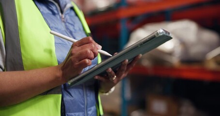 Hands, person and tablet for logistics in warehouse for inventory, supply chain and schedule delivery. Worker, stylus and digital to confirm shipping, check stock and quality control for distribution - Powered by Adobe