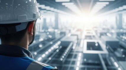 Engineer in hard hat gazing into futuristic brightly lit industrial facility with advanced technology