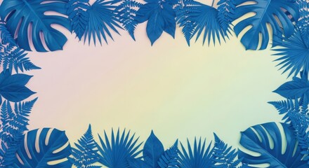 Tropical Rainforest Plant Leaves Border Frame with Soft Gradient Background