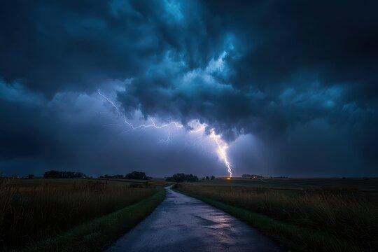 Intense nighttime storm with wind, rain, and dramatic lightning across open countryside