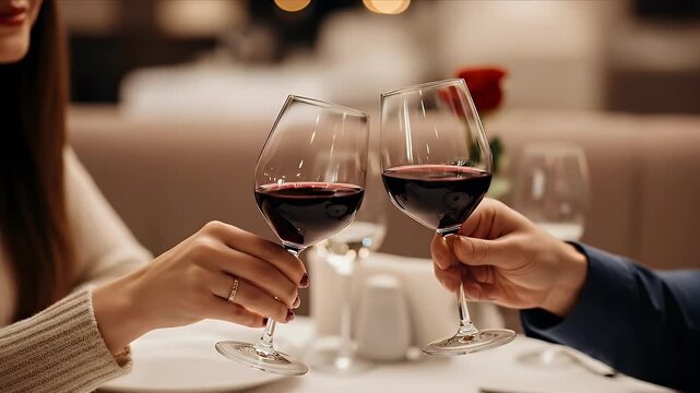 A close-up shot captures two individuals clinking elegant wine glasses filled with rich red wine, celebrating a special moment. The soft, refined ambiance of an upscale restaurant or intimate setting 