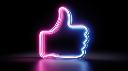Obraz premium Isolated neon thumbs-up icon with magenta and blue glow, 3D rendered on black surface