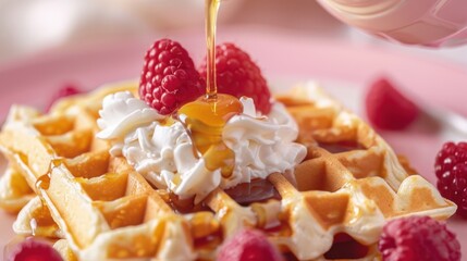 Golden waffles topped with whipped cream, fresh raspberries, and syrup on a pink surface, breakfast food concept.