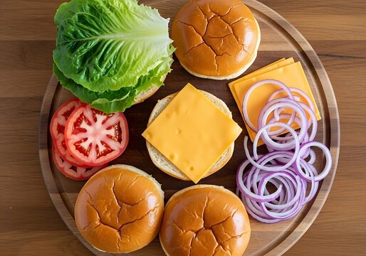 Overhead view of fresh burger ingredients including buns, lettuce, tomato, cheese, and onion rings on a wooden board, burger preparation, fast food concept, homemade cooking, fresh ingredients, 