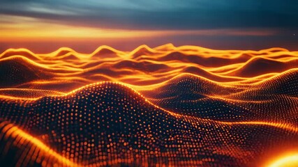 Digital landscape glowing with undulating orange waves of data - Powered by Adobe
