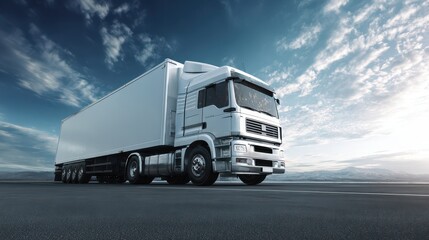Long white vehicle with trailer on a sunny day, industrial road setting
