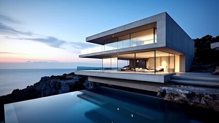 Modern Concrete And Glass Villa With Infinity Pool Overlooking The Ocean At Dusk With Warm Interior Lighting