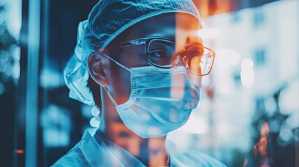 Double exposure of a smart medical doctor analyzing data while performing surgery in a modern operating room