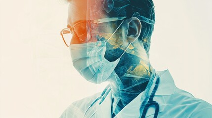 Double exposure of a smart medical doctor analyzing data while performing surgery in a modern operating room
