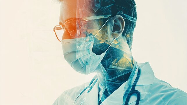 Double exposure of a smart medical doctor analyzing data while performing surgery in a modern operating room