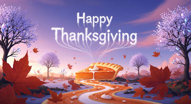 Fantastical autumn landscape with pumpkin pie slice on winding path and happy thanksgiving text in glowing white against purple sunset sky with red leaves and blue trees