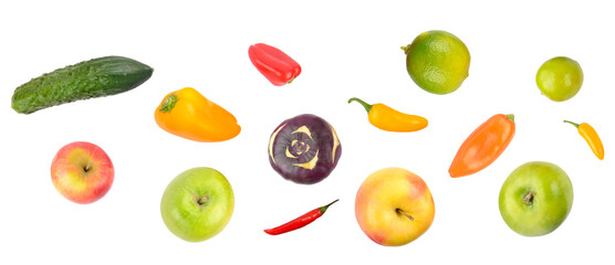 a dynamic arrangement of fresh, colorful fruits and vegetables floating and isolated on a clean transparent background, promoting healthy eating and nutrition.