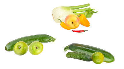 realistic photograph of a fresh collection of vegetables and fruit, including fennel, zucchini, apples, peppers, and lime, isolated on a transparent background.