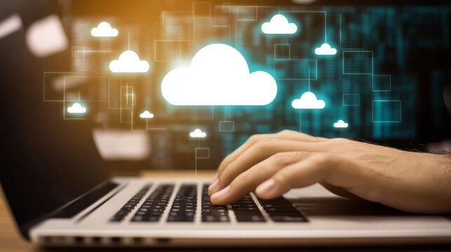 Professional working on laptop cloud computing technology symbolizing digital transformation remote work and modern productivity solutions.