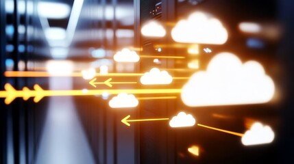 Powerful server rack infrastructure with upward pointing arrows symbolizing data growth and system optimization.