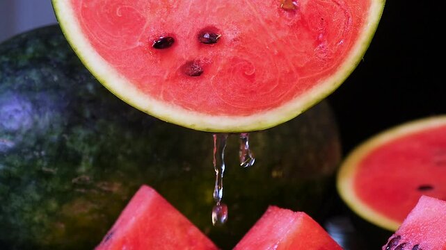 Fresh watermelon slice dripping juice with ice cubes - summer refreshment concept
