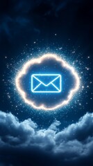Fototapeta premium Vibrant blue envelope gracefully flying through serene white clouds in vast blue sky symbolizing important message delivery.