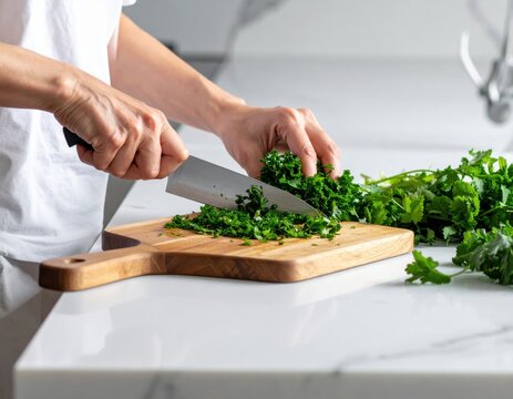 Chopping fresh cilantro on a wooden cutting board in a bright kitchen setting - Powered by Adobe