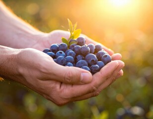 Hands holding fresh blueberries with sunlight in the background